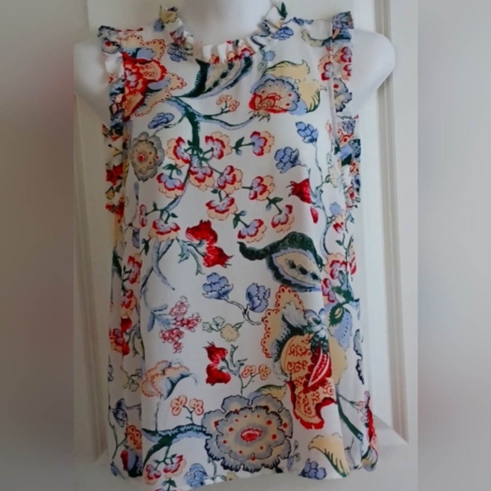 Paraphrase Paisley Sleeveless Ruffled Blouse. Size Medium.